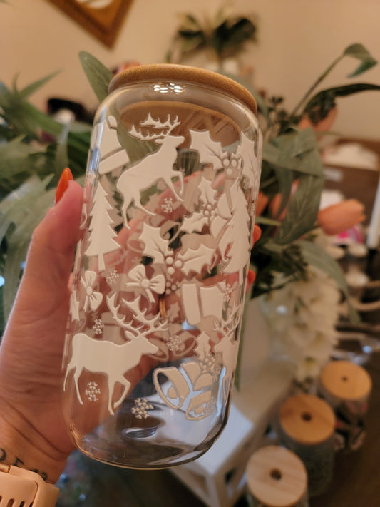 white christmas 16 oz glass can