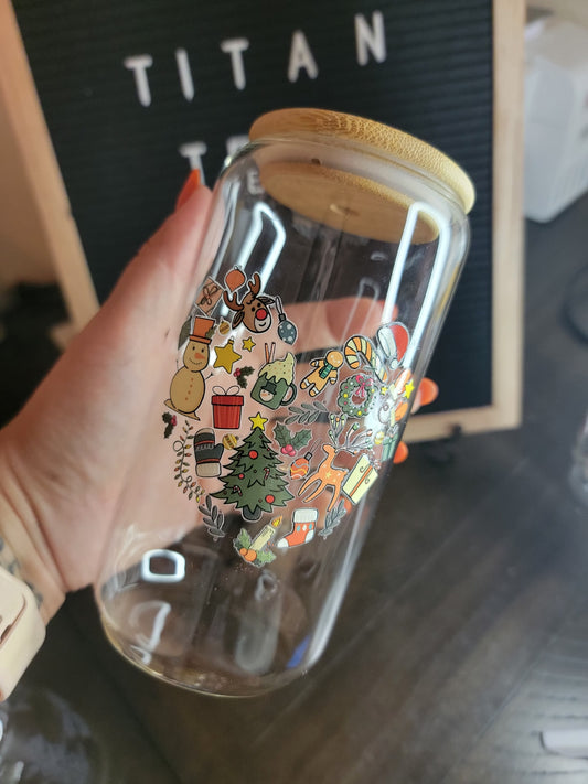 christmas doodles 16 oz glass can