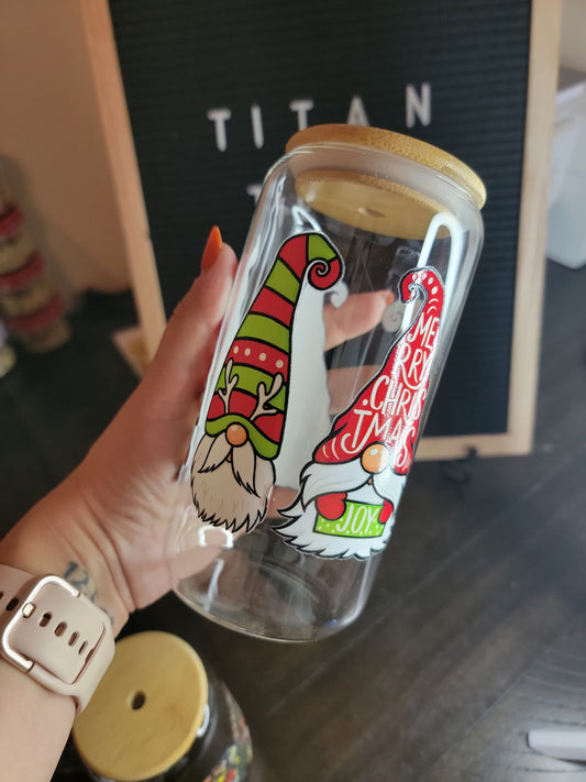 christmas gnomes 16 oz glass can