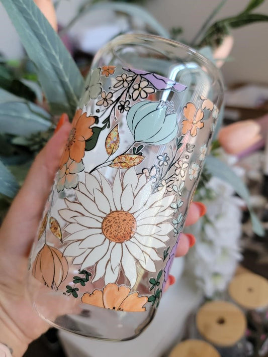 fall floral 16 oz glass can