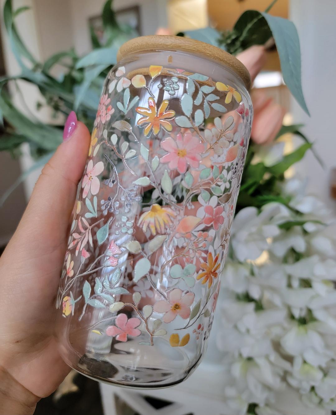 floral 16 oz glass can