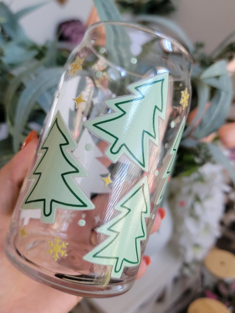 green christmas trees 16 oz glass can